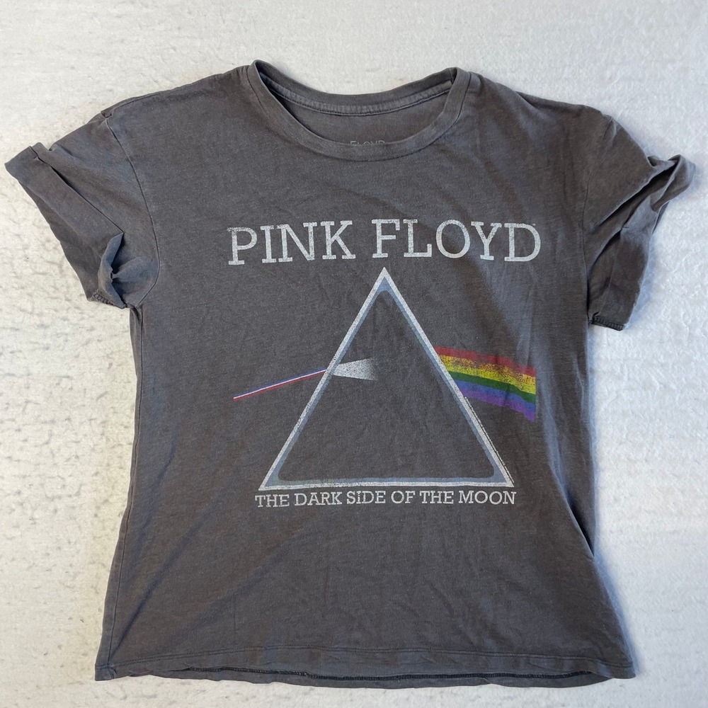 Pink Floyd Graphic Tee Womens Small Gray Dark Side of the Moon Rock Band Cuffed